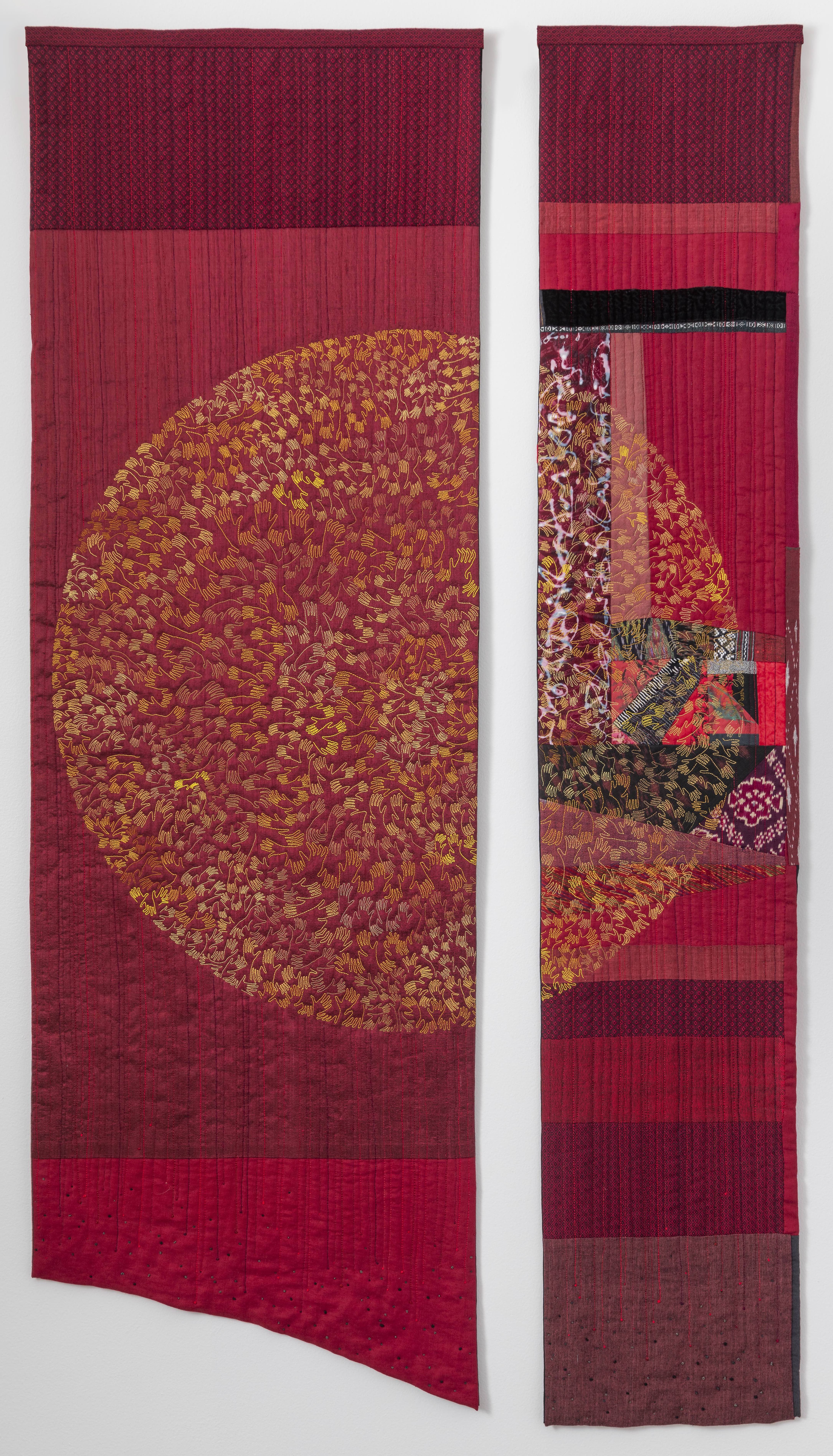 sun! hands diptych, 32x58 machine quilted wall hanging by brienne brown