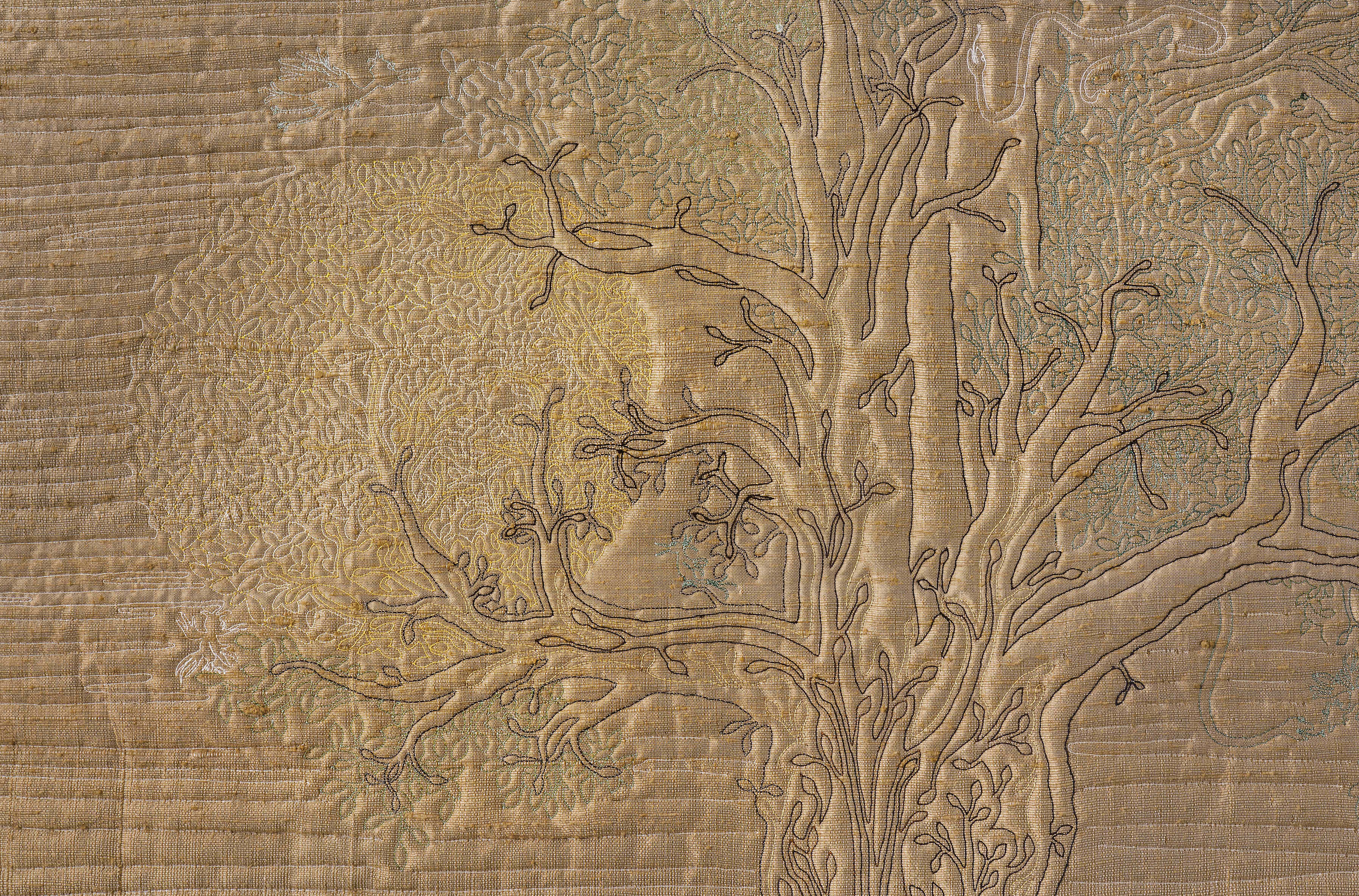 tree of knowledge, detail of back,  machine quilted wall hanging by brienne brown